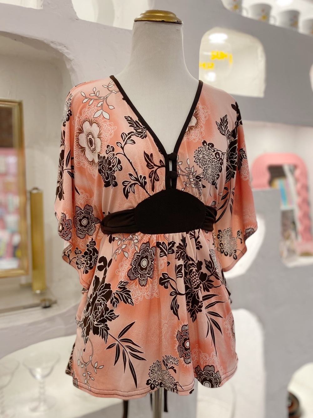 Y2K Vintage Peach Floral V-Neck Kimono Sleeve Empire Waist Babydoll Top Back Tie